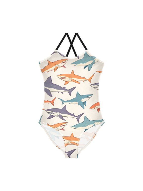 Spaghetti Strap Hand Drawn Shark Pattern One Piece Swimsuit Stretch Beach Sport Bathing Suit Size 3T-10T