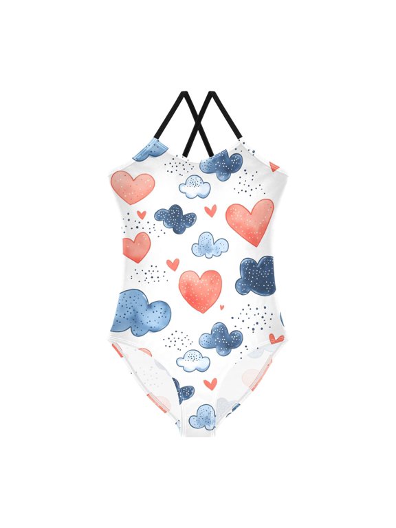 Spaghetti Strap Heart Cloud One Piece Swimsuit Stretch Beach Sport Bathing Suit Size 3T-10T