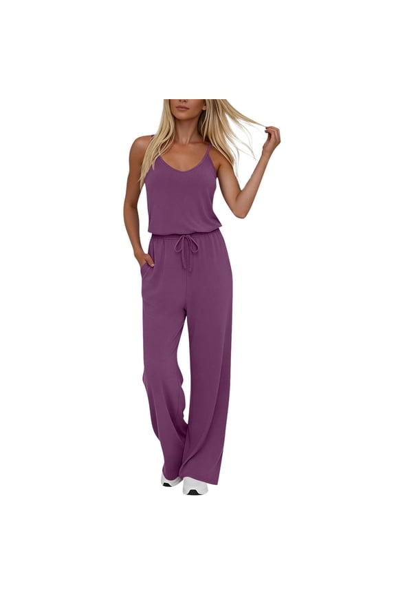 Spaghetti Strap Jumpsuits for Women Sleeveless Casual Wide Leg Rompers with Pockets Loose V Neck Long Pants Jumpers Purple, L