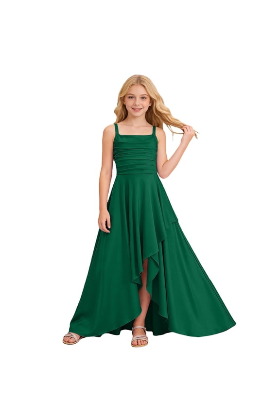 Spaghetti Strap Junior Bridesmaid Dresses Silk Satin Flower Girl Dress for Teen Girls Long Ruffles Slit Flower Girl Dress A Line Formal Gown