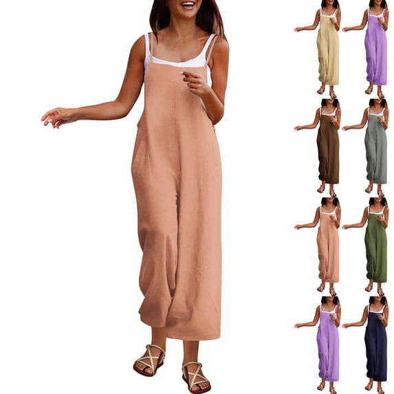 Spaghetti Strap Linen-Cotton Jumpsuit Sleeveless High-Waisted Wide-Leg One-Piece with Functional Pockets