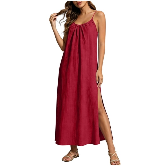 Spaghetti Strap Linen Maxi Dress for Women Summer Split Side Loose Swing Vacation Beach Lounge Dresses