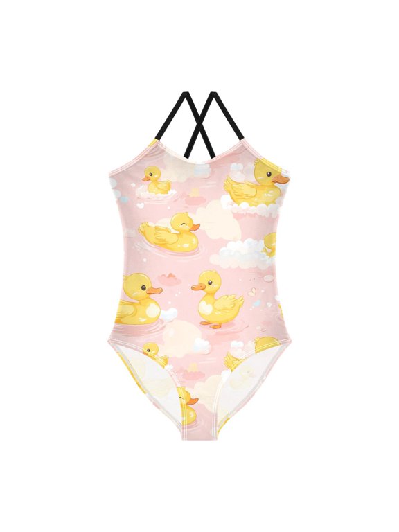 Spaghetti Strap Little Yellow Duck Cloud One Piece Swimsuit Stretch Beach Sport Bathing Suit Size 3T-10T