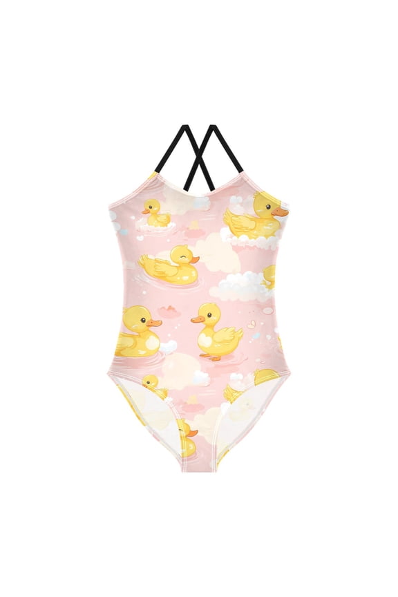 Spaghetti Strap Little Yellow Duck Cloud One Piece Swimsuit Stretch Beach Sport Bathing Suit Size 3T-10T