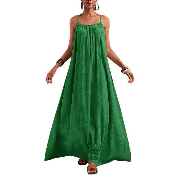 Spaghetti Strap Maxi Dress Cotton Linen Feel Sleeveless Summer Sundress Casual Loose Fit Flowy A-Line Long Beach Dress