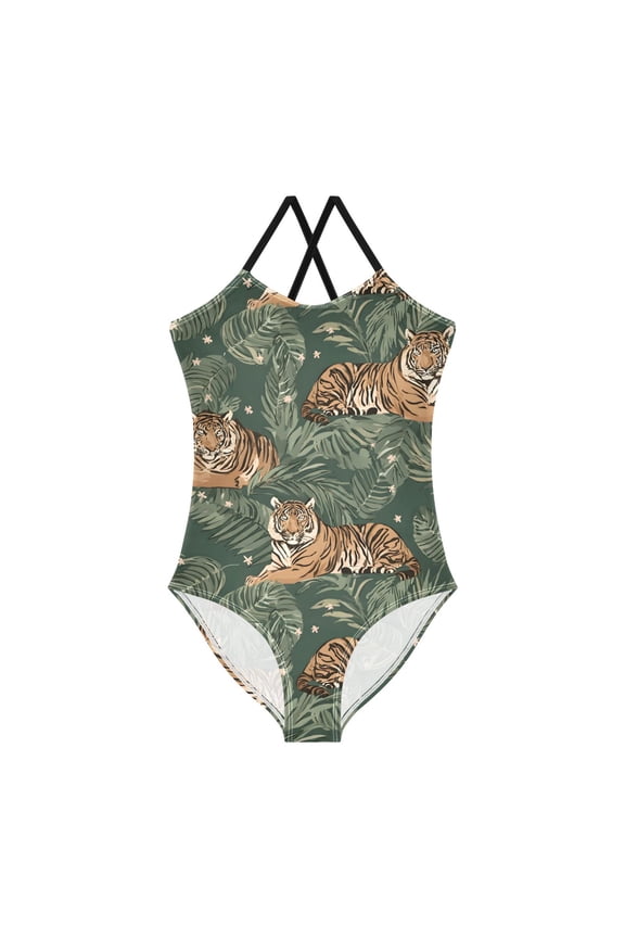 Spaghetti Strap Palm Leaf Tiger One Piece Swimsuit Stretch Beach Sport Bathing Suit Size 3T-10T
