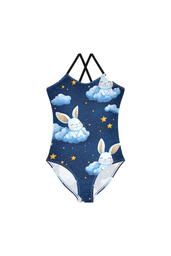 Spaghetti Strap Rabbit Blue Cloud One Piece Swimsuit Stretch Beach Sport Bathing Suit Size 3T-10T