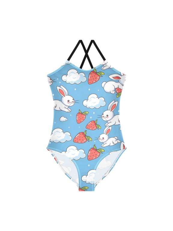 Spaghetti Strap Rabbit and Cloud One Piece Swimsuit Stretch Beach Sport Bathing Suit Size 3T-10T