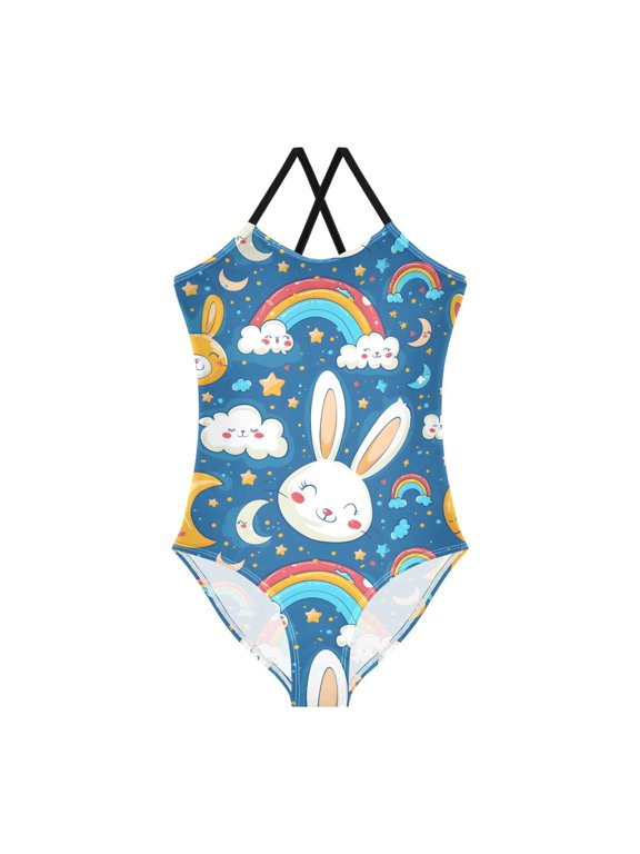 Spaghetti Strap Rabbits Moon Stars White Cloud One Piece Swimsuit Stretch Beach Sport Bathing Suit Size 3T-10T
