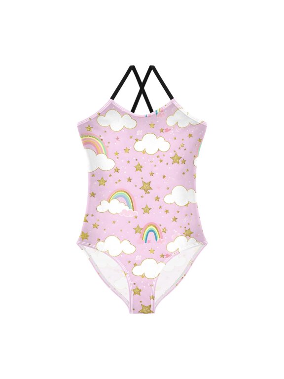 Spaghetti Strap Rainbows Stars and Clouds One Piece Swimsuit Stretch Beach Sport Bathing Suit Size 3T-10T