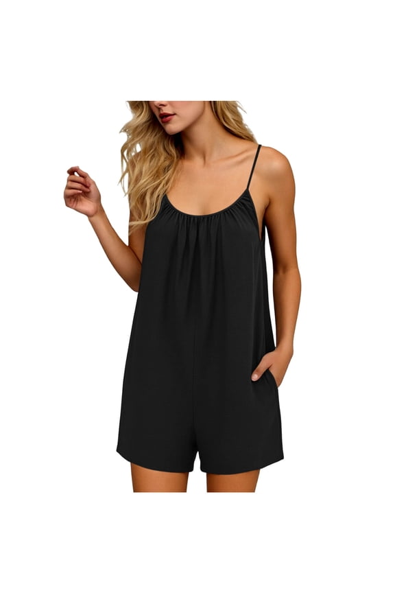 Spaghetti Strap Rompers for Women Summer Backless Cami Jumpsuits Lightweight Sleeveless Short Rompers with Pockets