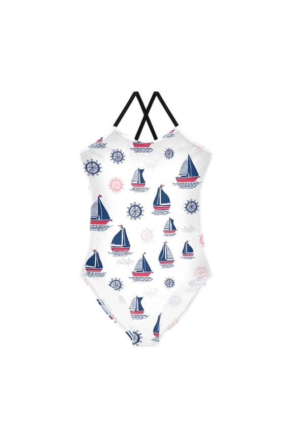 Spaghetti Strap Sailing Boat Rudder One Piece Swimsuit Stretch Beach Sport Bathing Suit Size 3T-10T