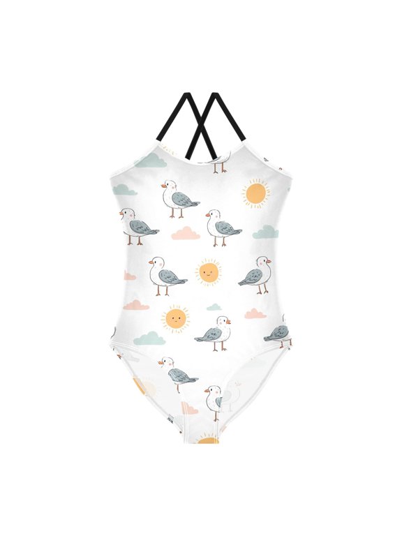 Spaghetti Strap Seagull Cloud Sun One Piece Swimsuit Stretch Beach Sport Bathing Suit Size 3T-10T