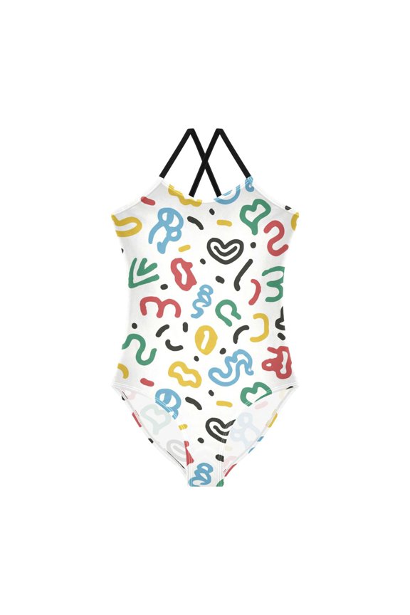 Spaghetti Strap Simple Graffiti One Piece Swimsuit Stretch Beach Sport Bathing Suit Size 3T-10T
