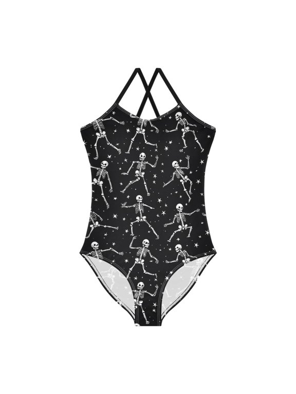 Spaghetti Strap Skeleton One Piece Swimsuit Stretch Beach Sport Bathing Suit Size 3T-10T