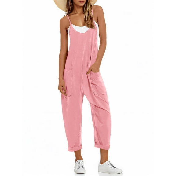 Spaghetti Strap Sleeveless Womens Casual Jumpsuits Loose Romper Long Pants with Pockets