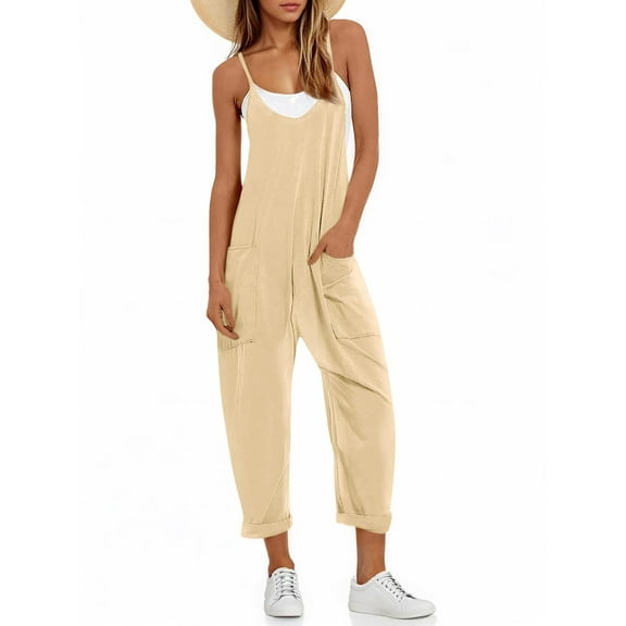 Spaghetti Strap Sleeveless Womens Casual Jumpsuits Loose Romper Long Pants with Pockets