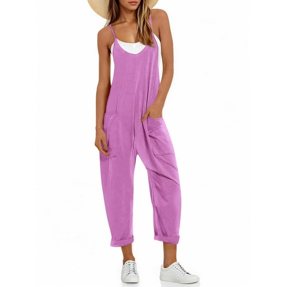 Spaghetti Strap Sleeveless Womens Casual Jumpsuits Loose Romper Long Pants with Pockets