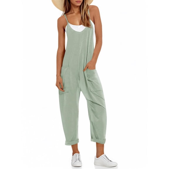 Spaghetti Strap Sleeveless Womens Casual Jumpsuits Loose Romper Long Pants with Pockets