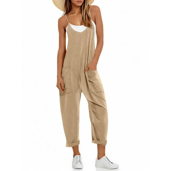 Spaghetti Strap Sleeveless Womens Casual Jumpsuits Loose Romper Long Pants with Pockets