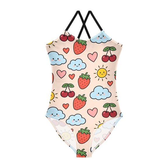 Spaghetti Strap Strawberry Cloud Cherry One Piece Swimsuit Stretch Beach Sport Bathing Suit Size 3T-10T