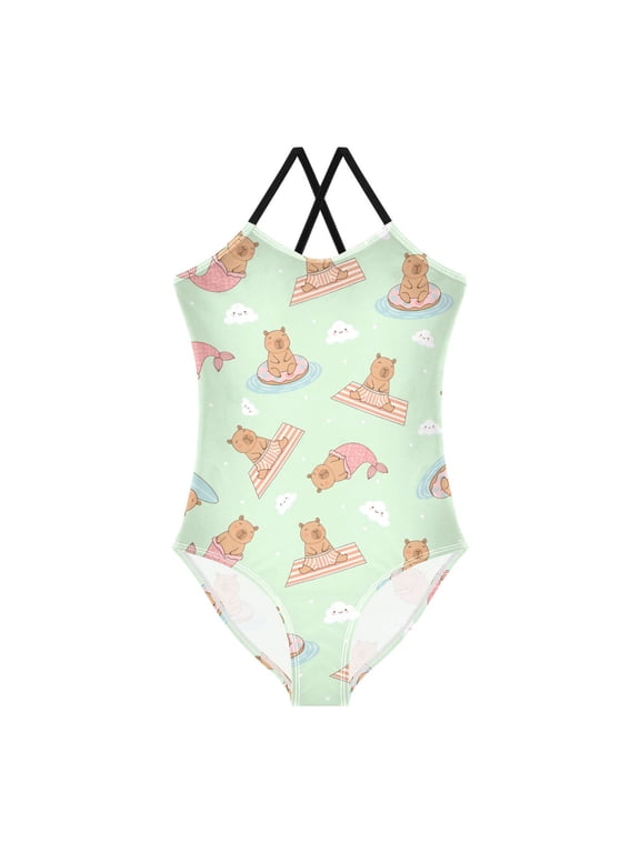 Spaghetti Strap Summer Capybara Cloud Doughnut One Piece Swimsuit Stretch Beach Sport Bathing Suit Size 3T-10T