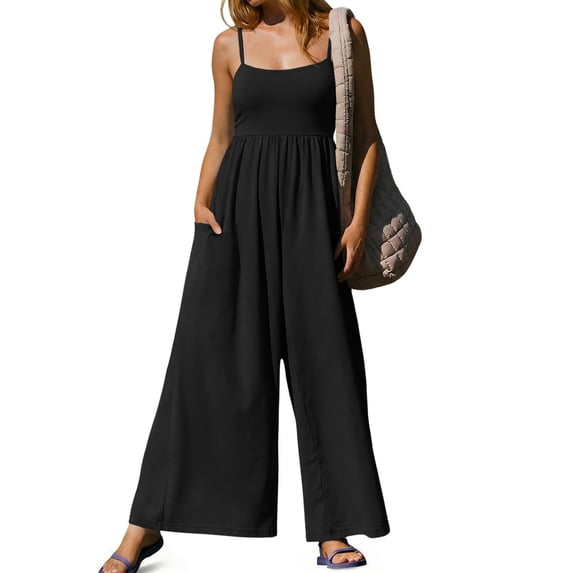 Spaghetti Strap Summer Women Sleeveless Solid High Waist Wide Leg Jumpsuit