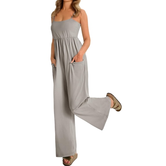 Spaghetti Strap Summer Women Sleeveless Solid High Waist Wide Leg Jumpsuit