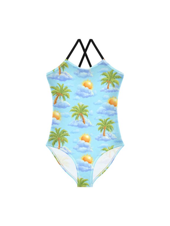 Spaghetti Strap Sunshine Clouds and Coconut Trees One Piece Swimsuit Stretch Beach Sport Bathing Suit Size 3T-10T