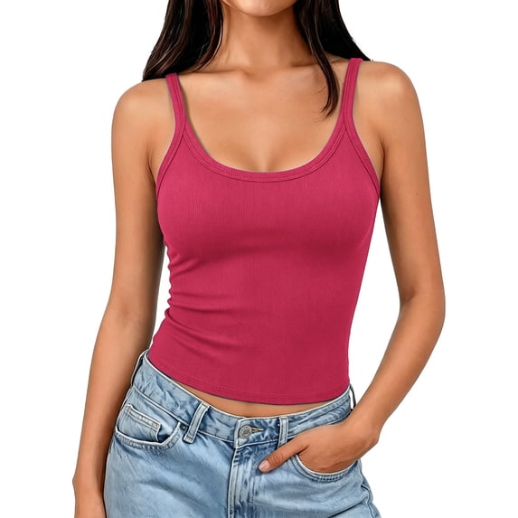 Spaghetti Strap Tank Top Loose Fit V Neck Crop Workout Camisole With Built-In Bra Comfort Workout Tank Tops Woman Pink L