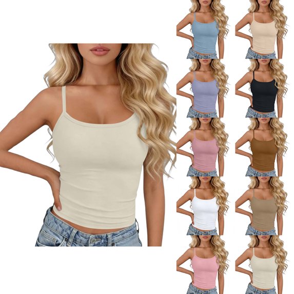 Spaghetti Strap Tank Top Zaewscy Fashion Women's Summer Sleeveless Round-Neck Comfy Solid Regular Tank Tops Khaki Free Size