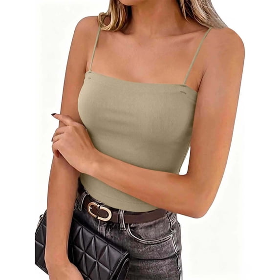 Spaghetti Strap Tank Tops Plus Size Women's Spaghetti Strap Crop Cami Top, Square Neck Slim Fits Basic Tanks, Summer Lightweight Comfy Camisole Coffee XL