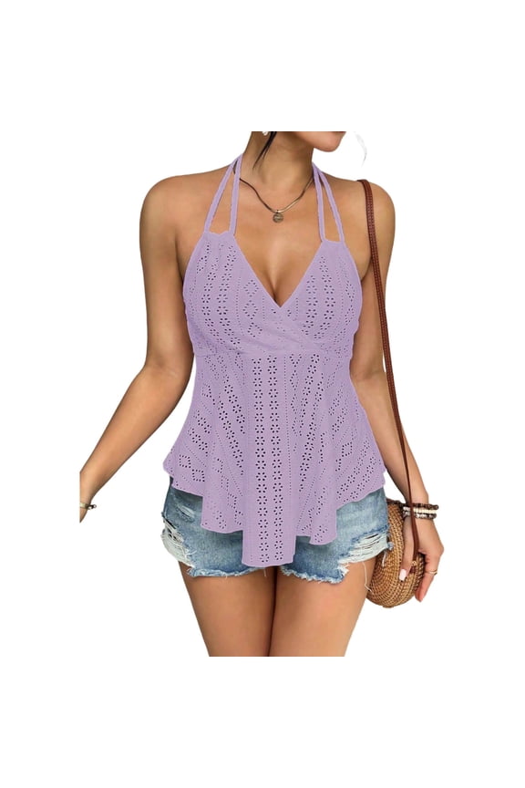 Spaghetti Strap Tank Tops Womens Halter V-Neck Shirt Eyelet Embroidery Flared Peplum Hem Blouse Slim Fit Breathable Clothes