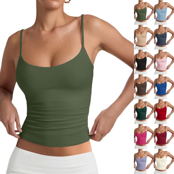 Spaghetti Strap Tank Tops for Women Adjustable Straps Double Lined Camisole Tops Trendy Square Neck Sleeveless Tops Summer ,L,Army Green