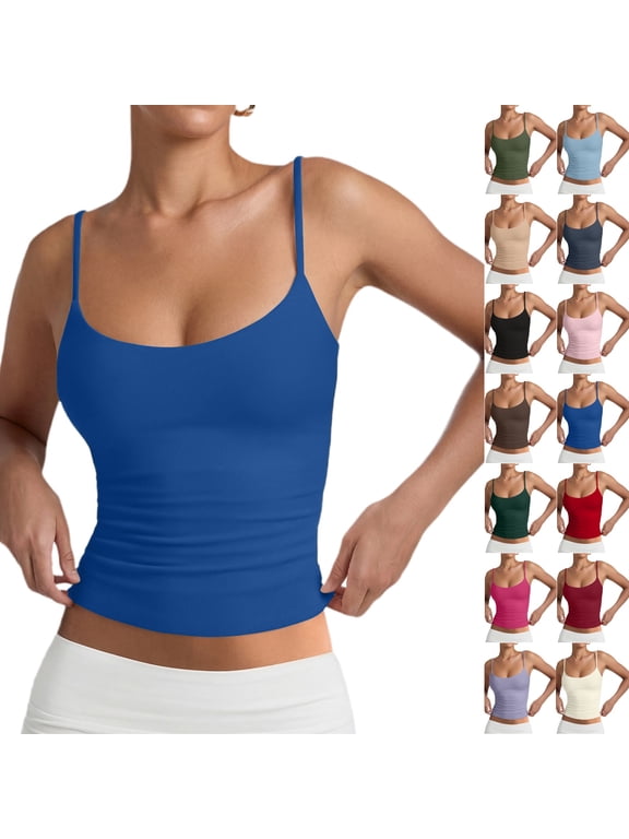 Spaghetti Strap Tank Tops for Women Adjustable Straps Double Lined Camisole Tops Trendy Square Neck Sleeveless Tops Summer ,S,Royal Blue