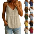 thumbnail image 1 of Spaghetti Strap Tank Tops for Women V Neck Button Down Shirts Ruched Casual Blouses Lightweight Summer Cami Tops,Beige ,XXL, 1 of 10