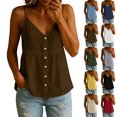 thumbnail image 1 of Spaghetti Strap Tank Tops for Women V Neck Button Down Shirts Ruched Casual Blouses Lightweight Summer Cami Tops,Brown ,M, 1 of 10