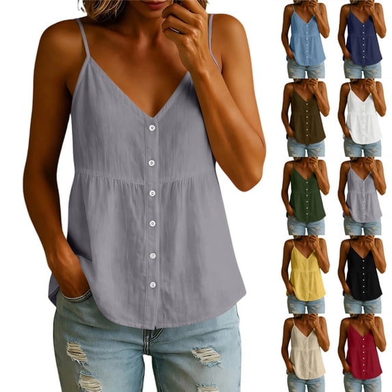 Spaghetti Strap Tank Tops for Women V Neck Button Down Shirts Ruched Casual Blouses Lightweight Summer Cami Tops,Light Gray ,L