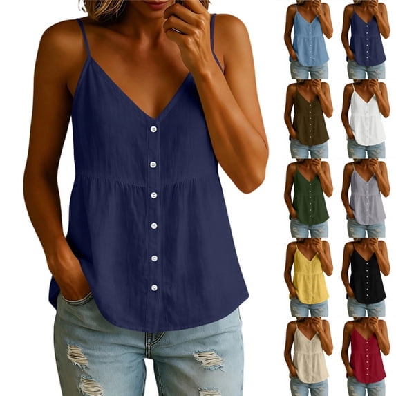 Spaghetti Strap Tank Tops for Women V Neck Button Down Shirts Ruched Casual Blouses Lightweight Summer Cami Tops,Navy ,S