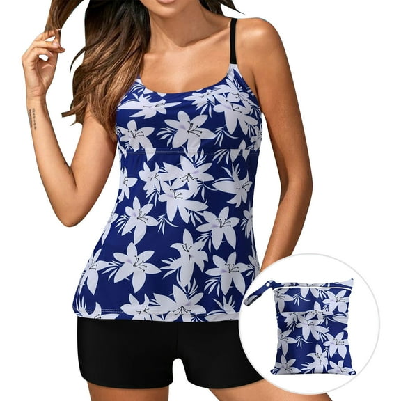 Spaghetti Strap Tankini Bathing Suits for Women Beach Vintage Floral 2 Piece Modest Swimsuits with 13.7*12.2 Swim Bag Navy, S