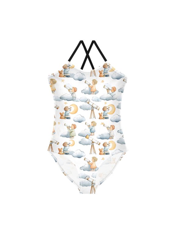Spaghetti Strap Telescope Child Cloud One Piece Swimsuit Stretch Beach Sport Bathing Suit Size 3T-10T