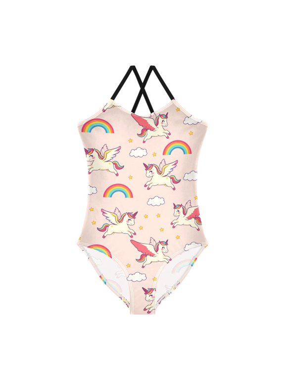 Spaghetti Strap Unicorn Cloud Rainbow One Piece Swimsuit Stretch Beach Sport Bathing Suit Size 3T-10T