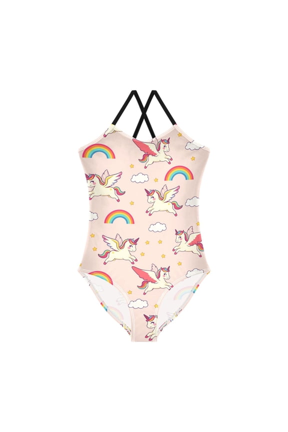 Spaghetti Strap Unicorn Cloud Rainbow One Piece Swimsuit Stretch Beach Sport Bathing Suit Size 3T-10T