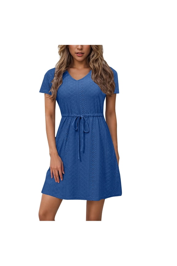 Spaghetti Strap V-Neck Solid Casual Dress for Women Loose Fit Drawstring Waist Mini Dress with Side Pockets 2026 Trendy Summer Daily Wear