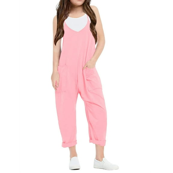 Spaghetti Strap V-neck Girls Solid Color Casual Loose Straight Kids Children Jumpsuit with Pocket for 5-14 Years