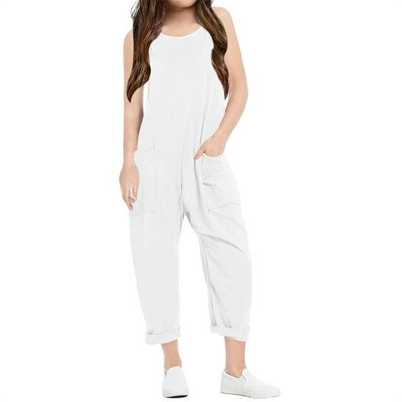Spaghetti Strap V-neck Girls Solid Color Casual Loose Straight Kids Children Jumpsuit with Pocket for 5-14 Years