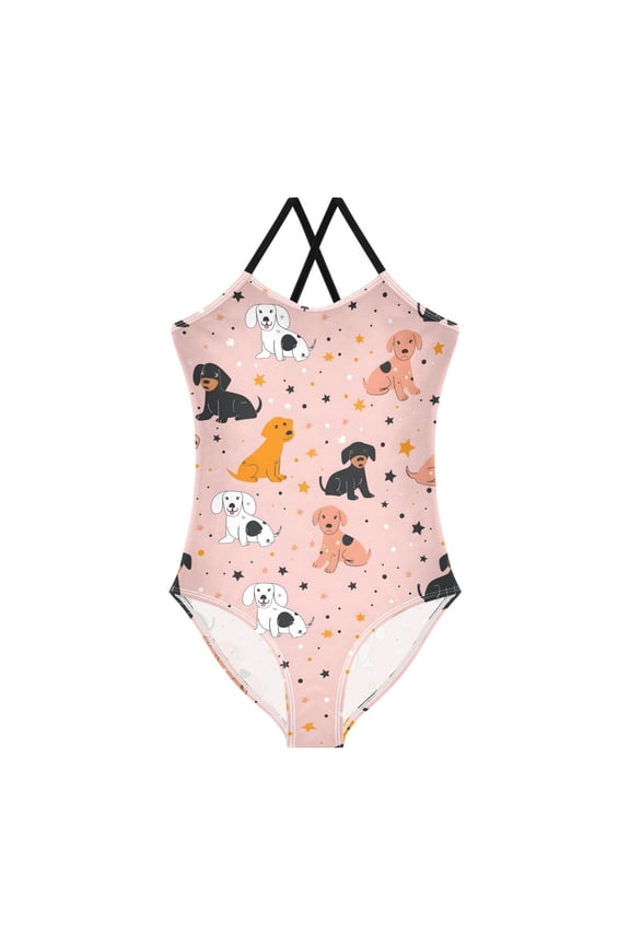 Spaghetti Strap Vector Cute Dogs One Piece Swimsuit Stretch Beach Sport Bathing Suit Size 3T-10T