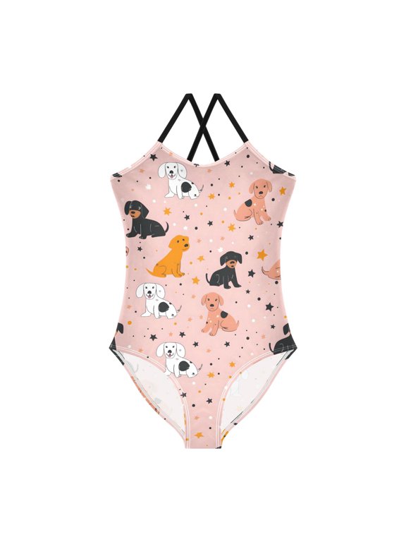 Spaghetti Strap Vector Cute Dogs One Piece Swimsuit Stretch Beach Sport Bathing Suit Size 3T-10T