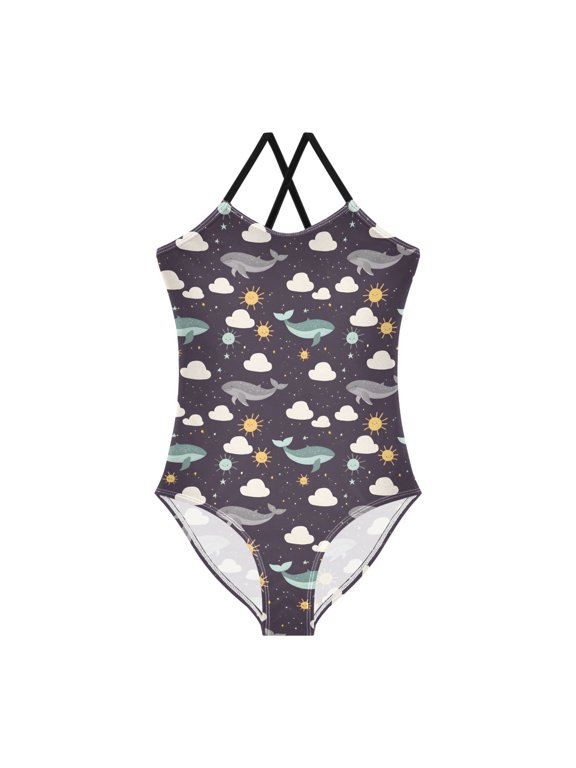 Spaghetti Strap Whale Cloud Sun One Piece Swimsuit Stretch Beach Sport Bathing Suit Size 3T-10T