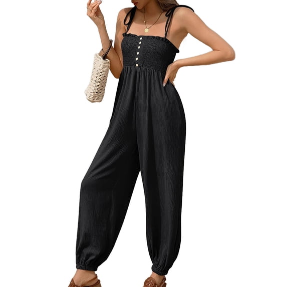Spaghetti Strap Women Elastic Sleeveless Loose Jogger Smocked Jumpsuit